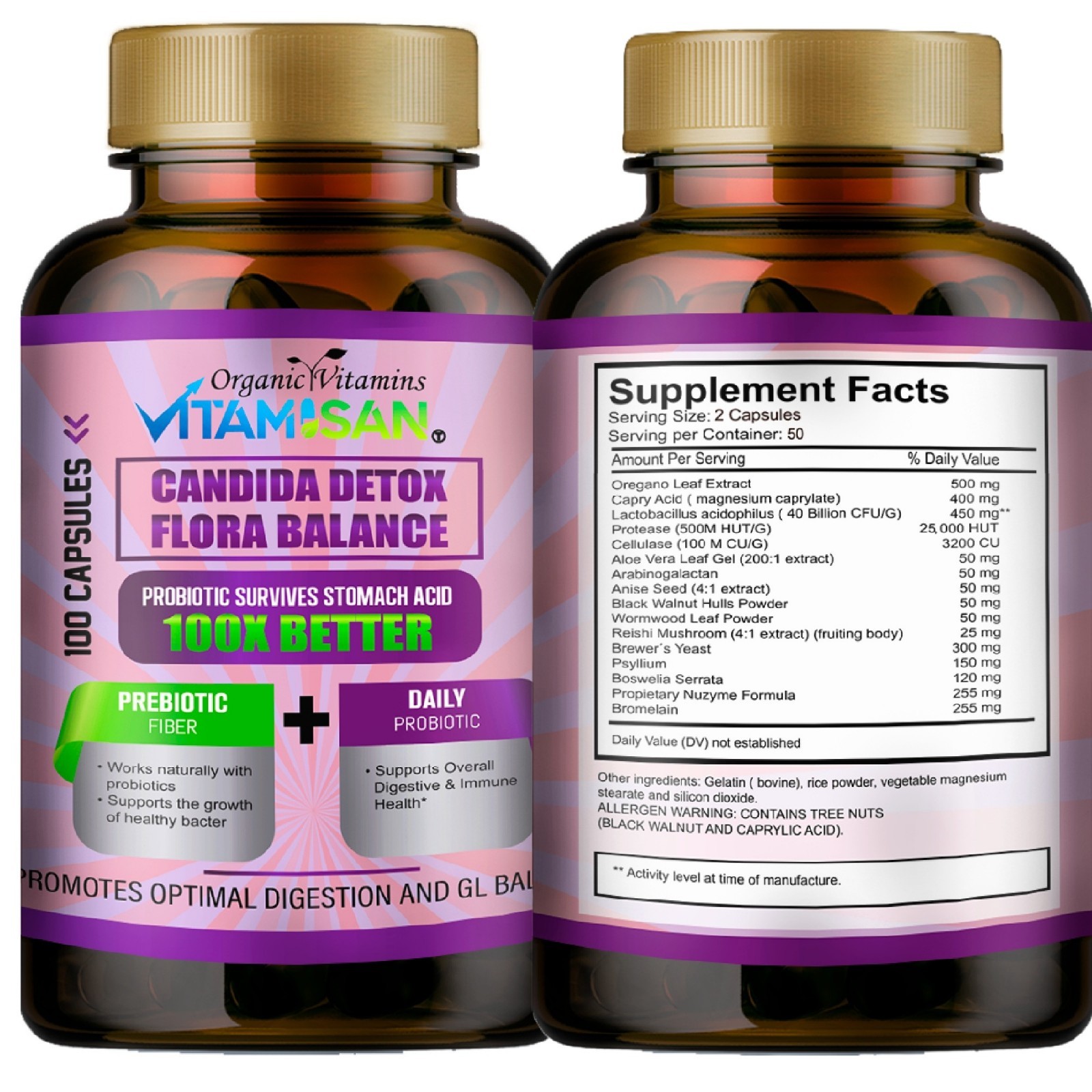 Candida Cleanse 100 Capsules Support Gut Colon Support Natural Herbs Intestinal