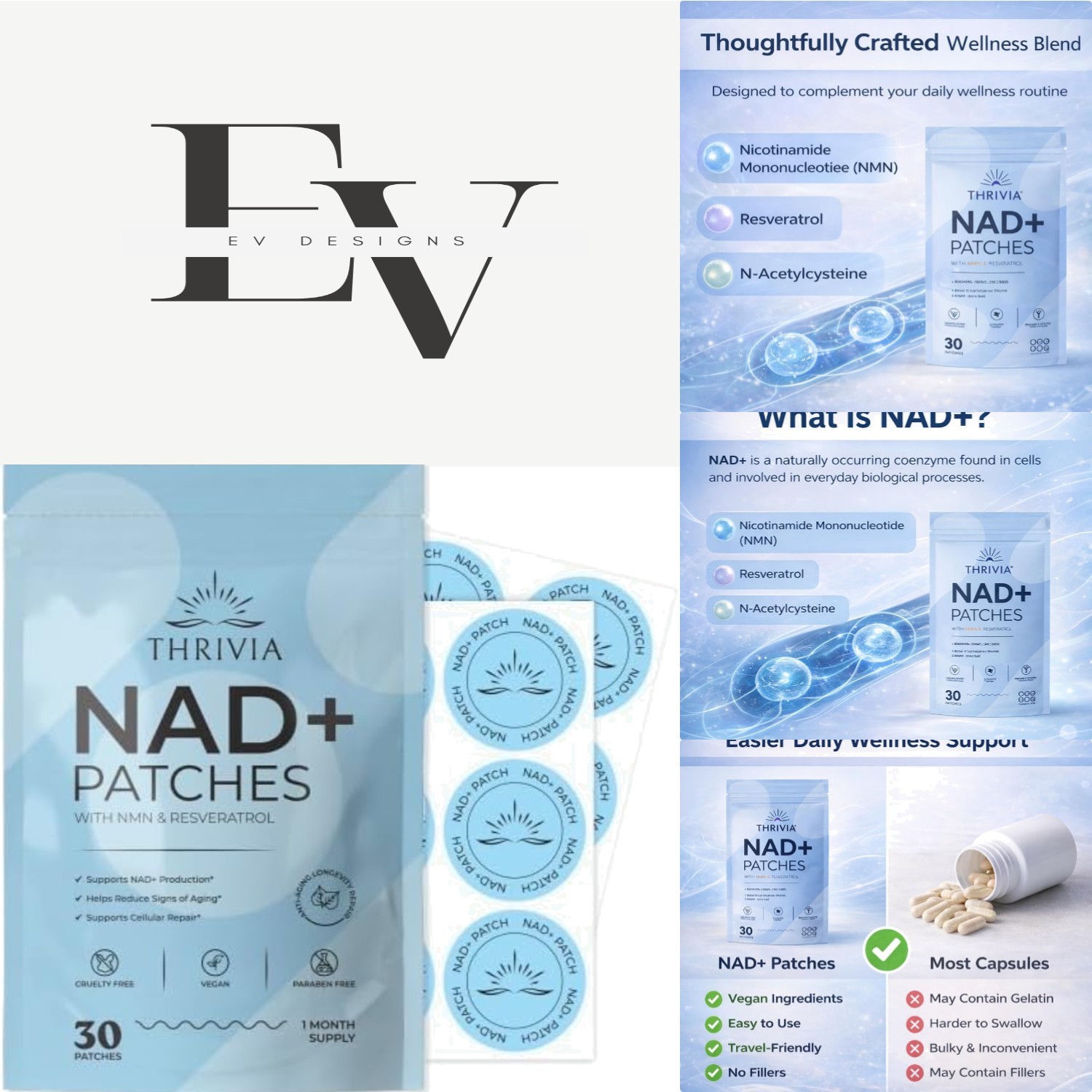 30 Count NAD+ Energy Patches with NMN & Resveratrol for Vitality Enhancement