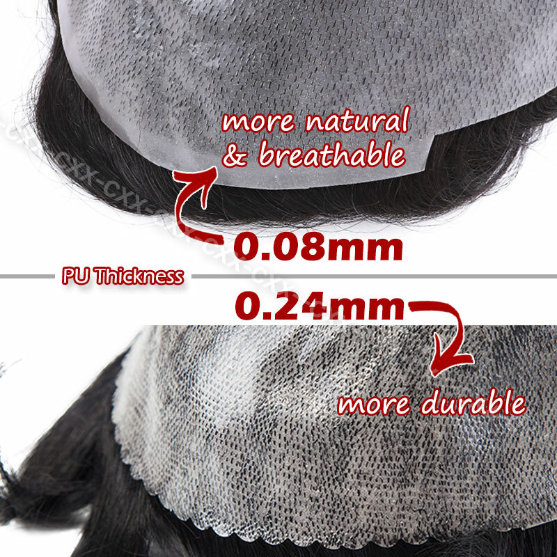 Mens Human Hair Replacement Ultra Thin Skin Toupee Hairpiece PU System Wig Bald
