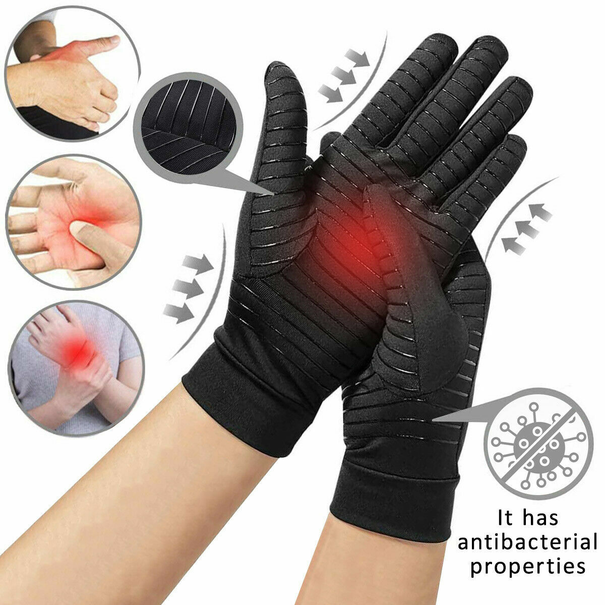 2Pairs Copper Infused Arthritis Compression Gloves Full Finger Joint Pain Relief