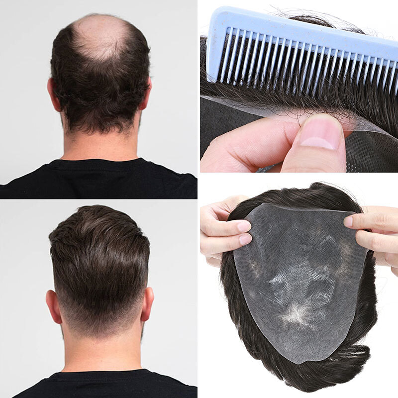 Mens Hair Replacement Ultra Thin Skin Toupee Real Human Hair Hairpiece PU System