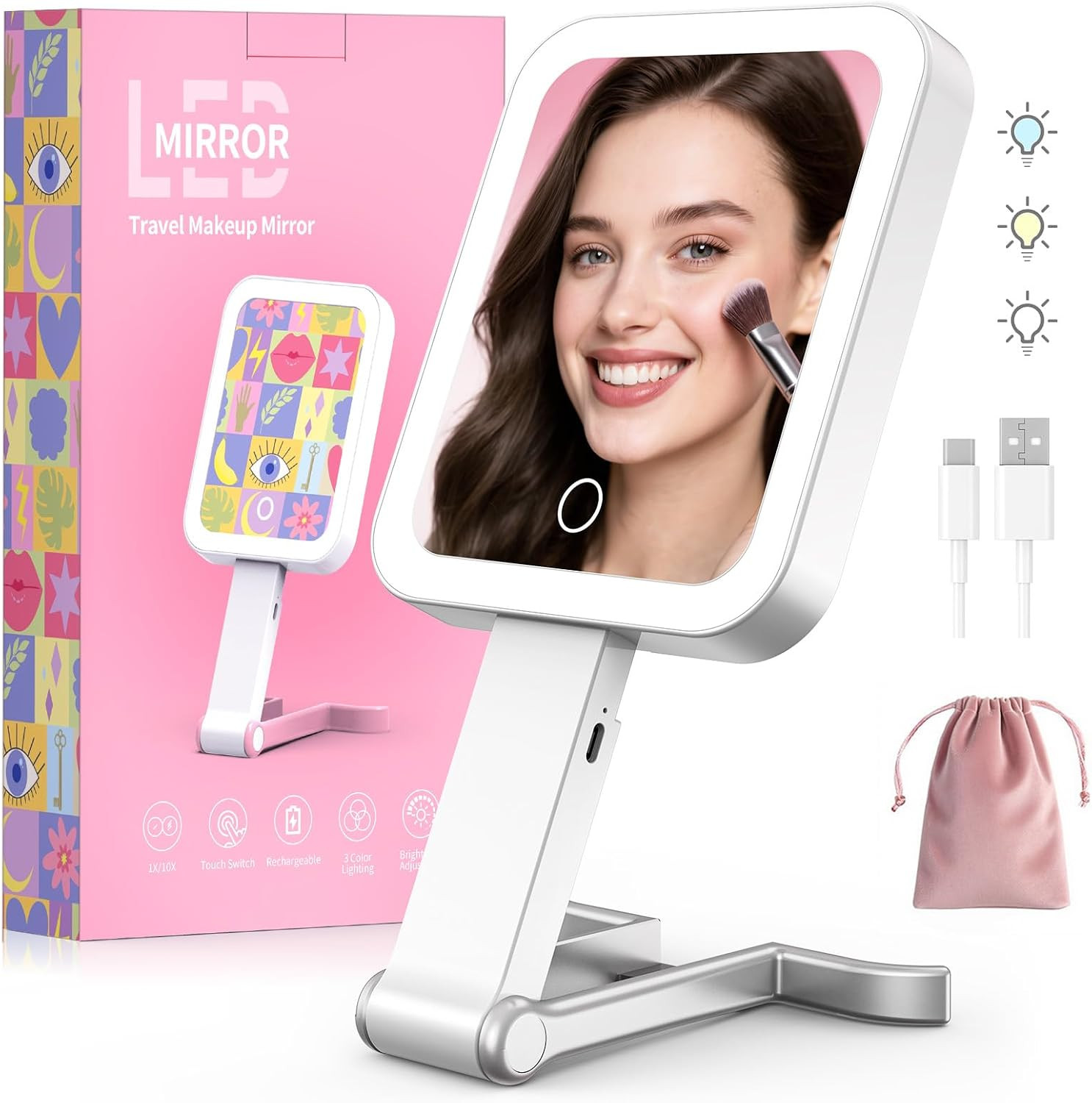 Travel Makeup Mirror with Lights, 10X/1X, 3 Colors, USB-C, Silver, Portable | 56