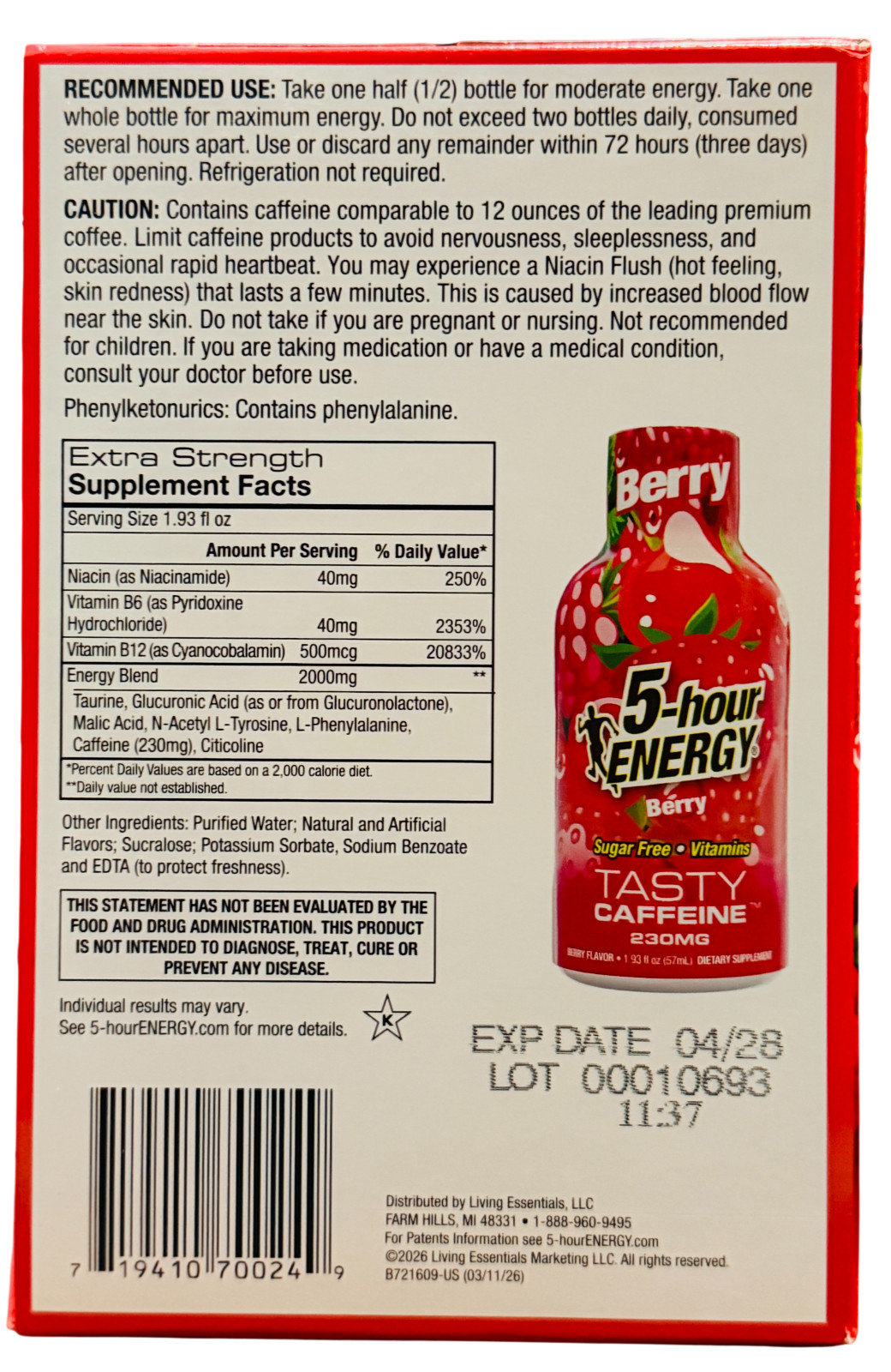 5-hour Energy 24-Count Extra Strength Berry Pack, Exp: 8/2026+Free Shipping