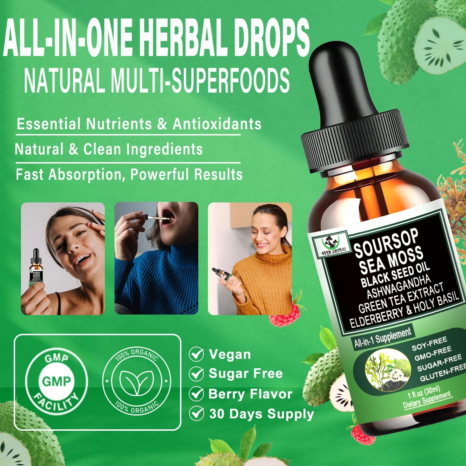 Soursop Drops,Soursop Bitters Liquid with Sea Moss Black Seed Oil Green Tea Extr