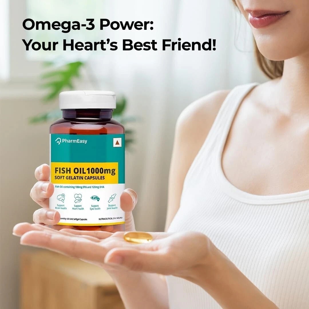 PharmEasy Fish Oil 1000mg Omega-3 Capsules 4 Heart Brain Skin Joints, Pack of 60