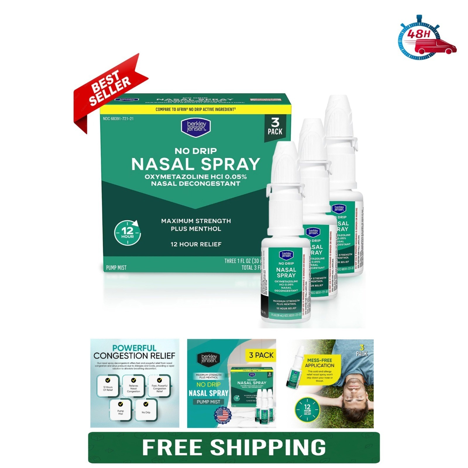 Berkley Jensen No Drip Severe Congestion Nasal Spray – 1 Fl Oz (Pack of 3)