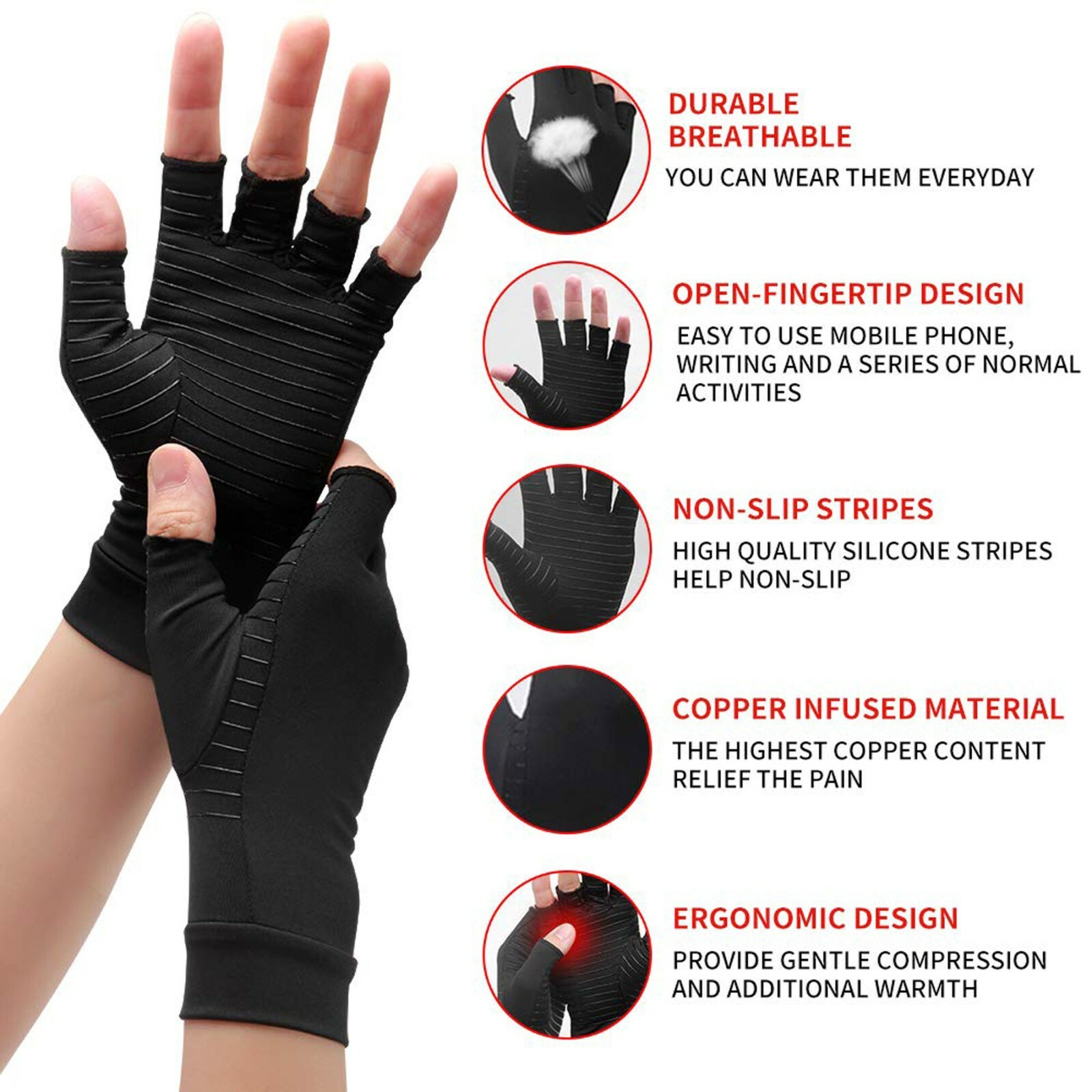1 PAIR Copper Arthritis Compression Gloves Hand Support Joint Pain Relief USA