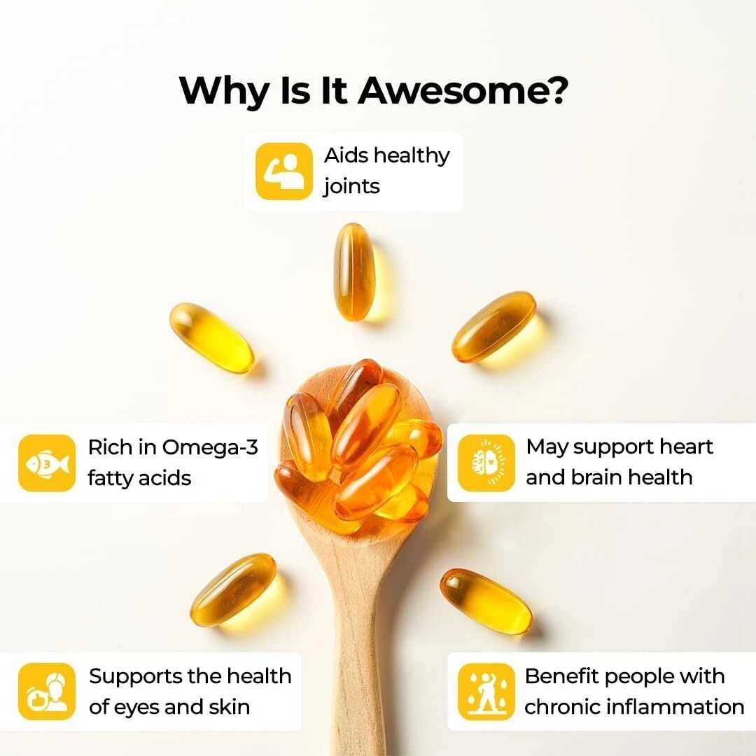 PharmEasy Fish Oil 1000mg Omega-3 Capsules 4 Heart Brain Skin Joints, Pack of 60