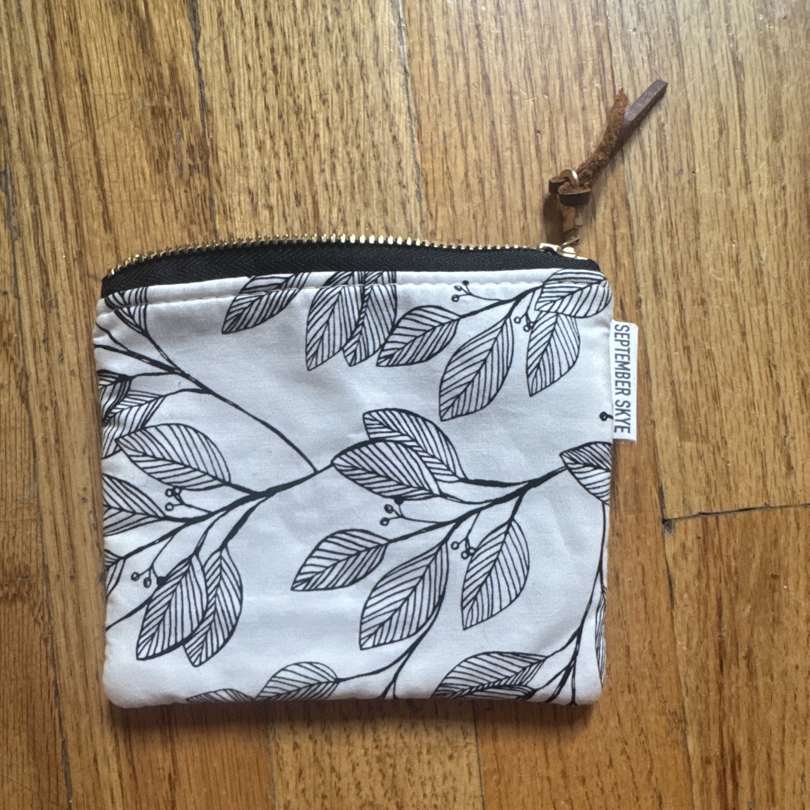 September Skye Zipper Makeup Bag Pouch Leaf Print Black White Fabric 6×6″