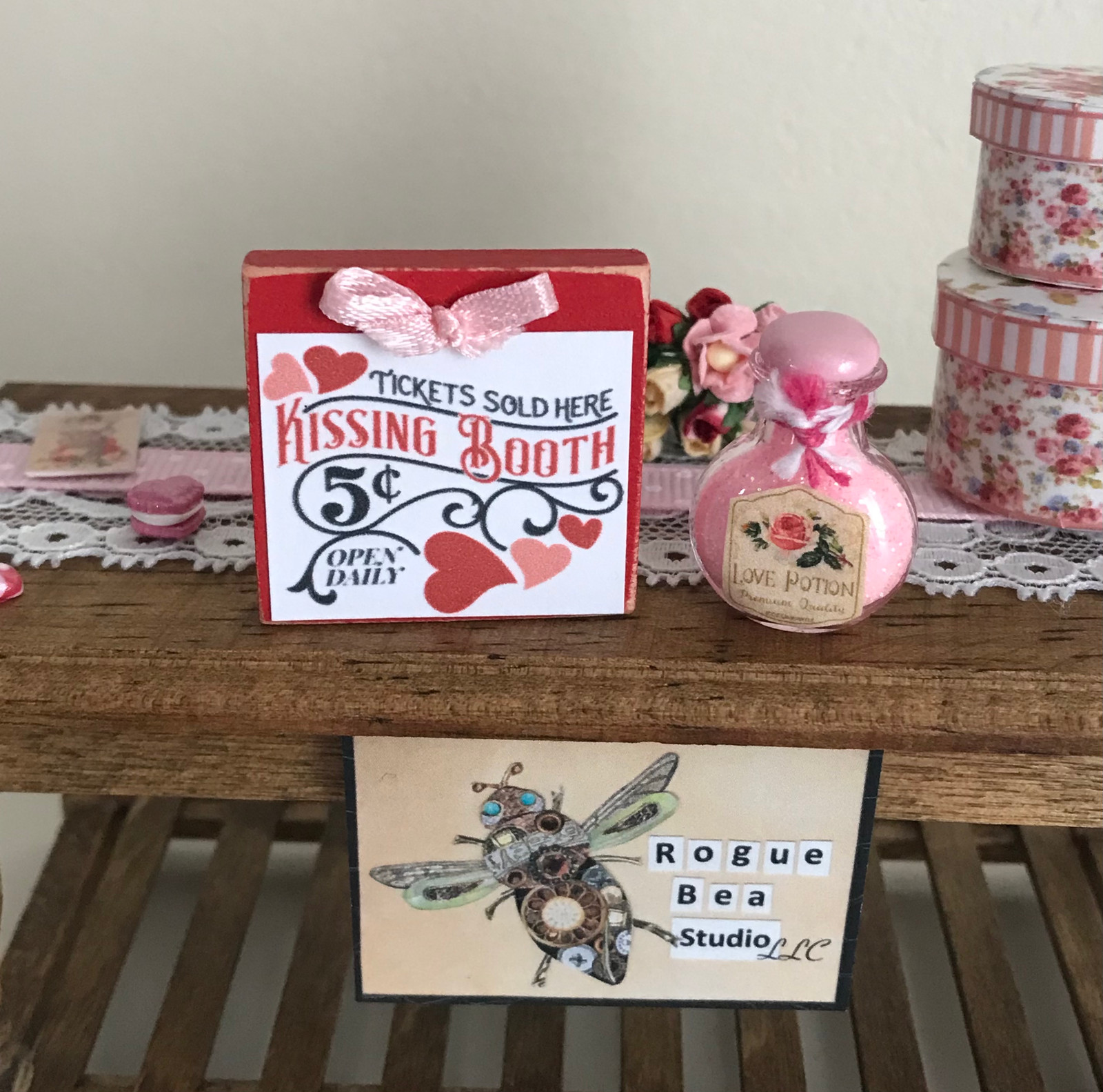 Set of 2, Mini Valentine’s Day Dollhouse 1:12 Kissing Booth Sign & Love Potion