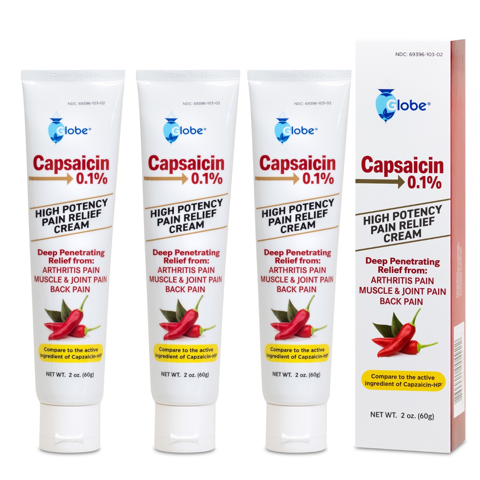 Globe Capsaicin 0.1% High Potency Pain Relief Cream 2 oz (3 Pack)