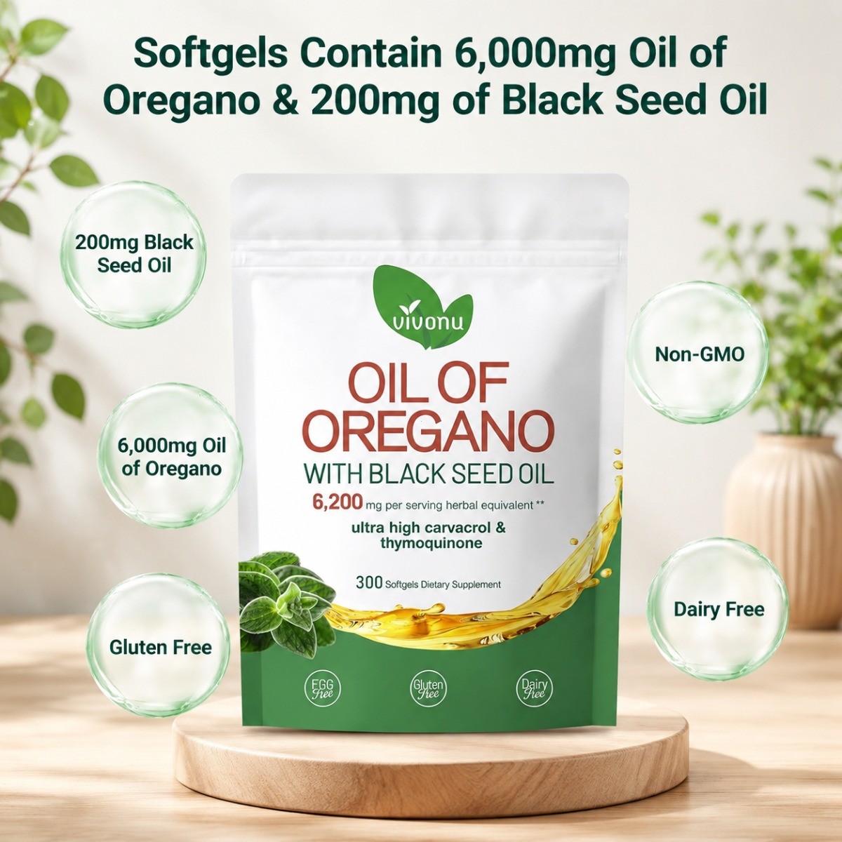 Oil of Oregano with Black Seed Oil Softgels 6200mg Extra Strength 300 Ct