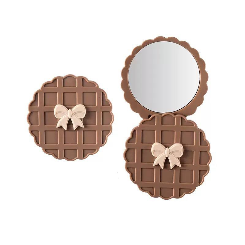 Brown Waffle Round Compact Mirror Bow Double Sided Travel Mirror