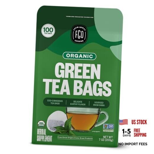Organic Green Tea, 100 Count Eco-Conscious Tea Bags, Caffeinated, Resealable