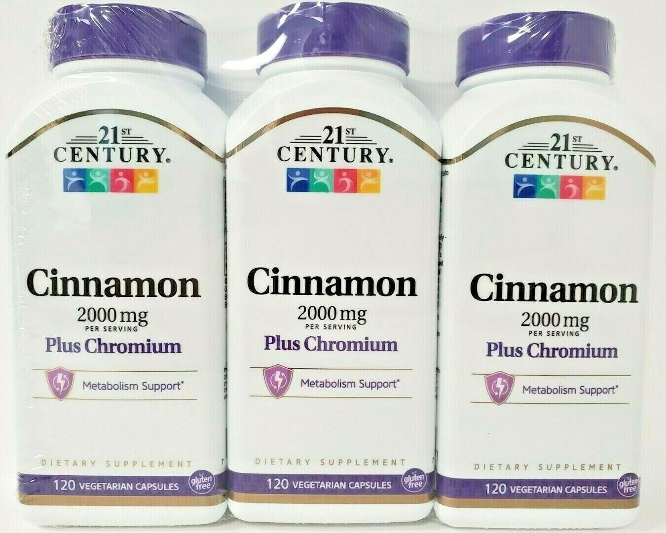 21st Century Cinnamon 2000mg Plus Chromium 120ct Caps- 3 Pack -Exp Date 07-2025