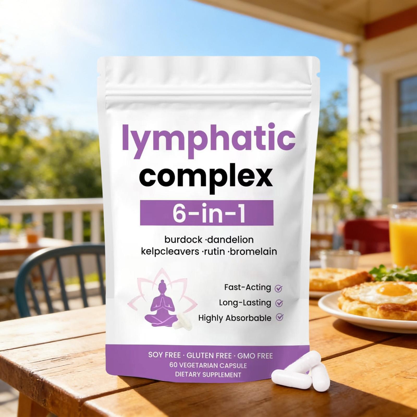 6-in-1 Lymphatic Complex Drainage Supplement Dandelion Burdock Bromelain Kelp