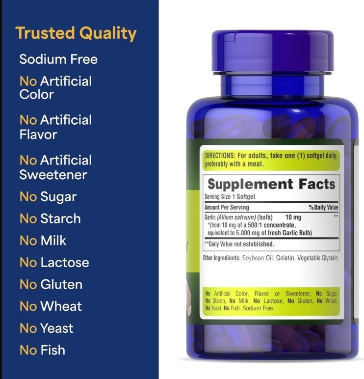 Garlic Supplement 250 Softgels Heart Circulation Support Puritan’s Pride