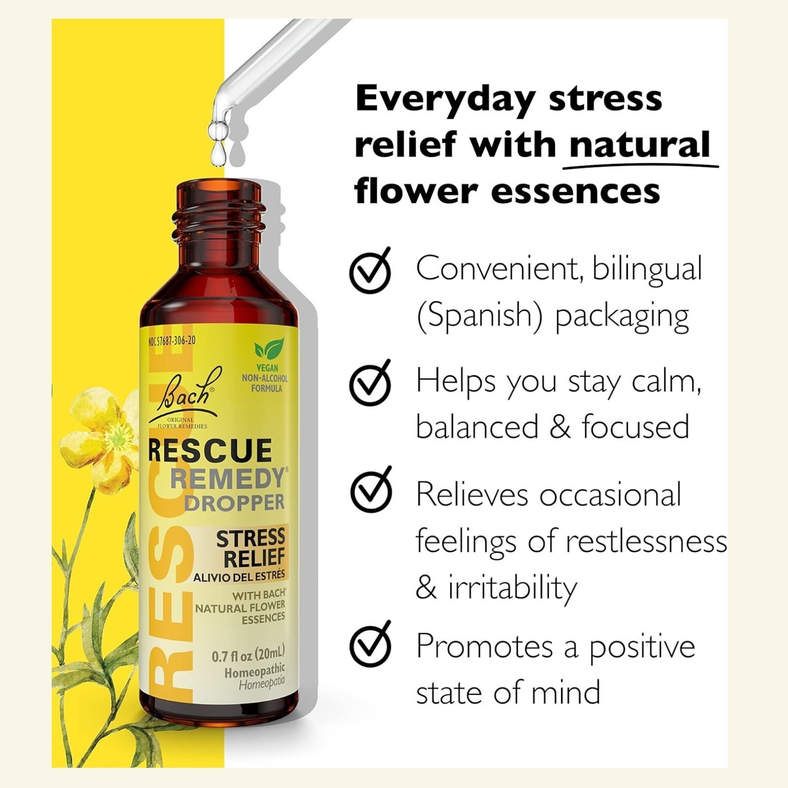 RESCUE Bach Remedy Dropper 20mL, Nat Stress Relief, Homeopathic Flower Essence.