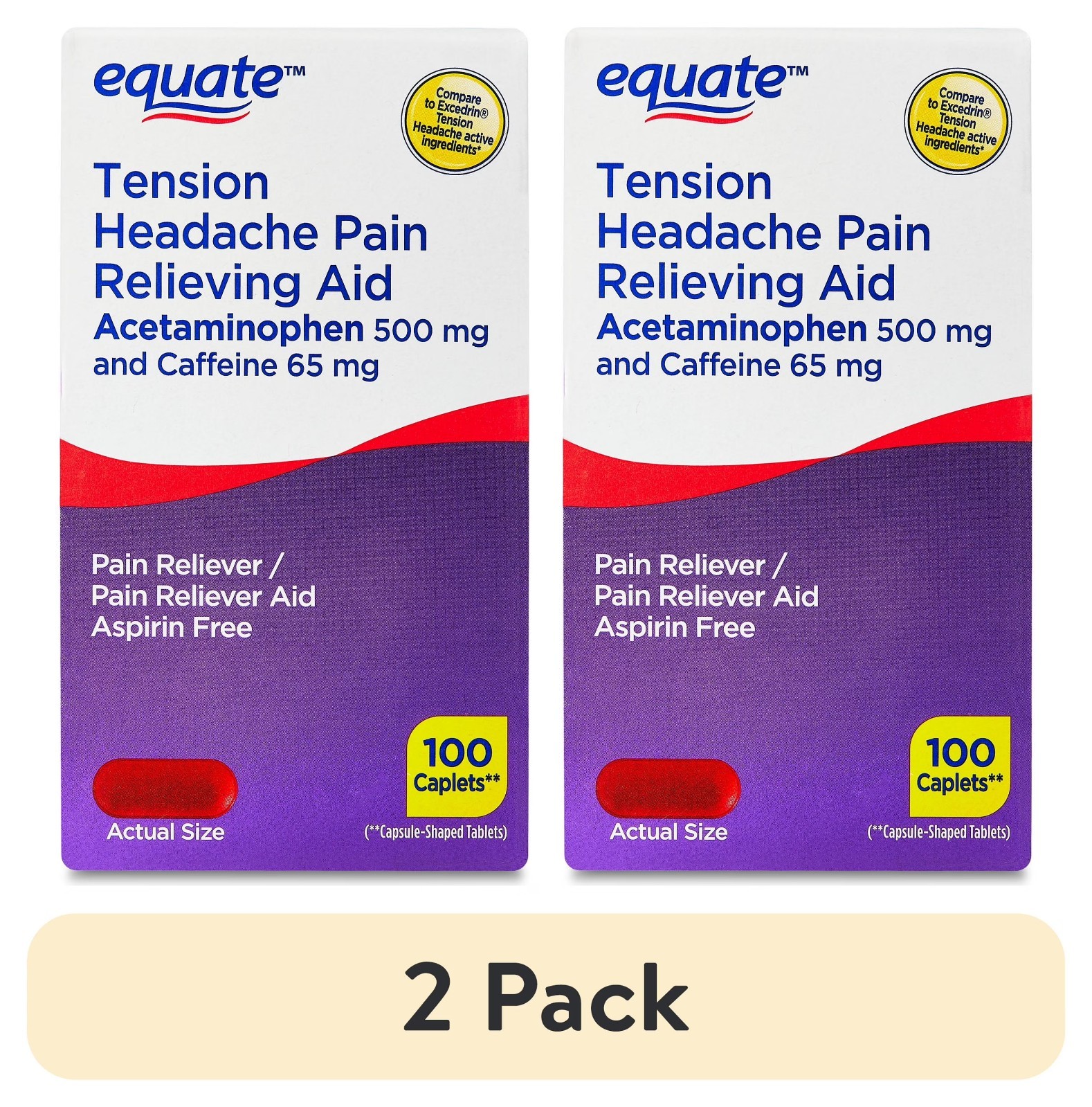 (2 Pack) Equate Tension Headache Relief Caplets, Acetaminophen+Caffeine, 100 Ct