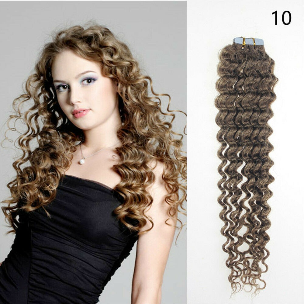 Deep Curl Tape in Human Hair Extensions Skin Weft Russian Curly Hair Style 18in