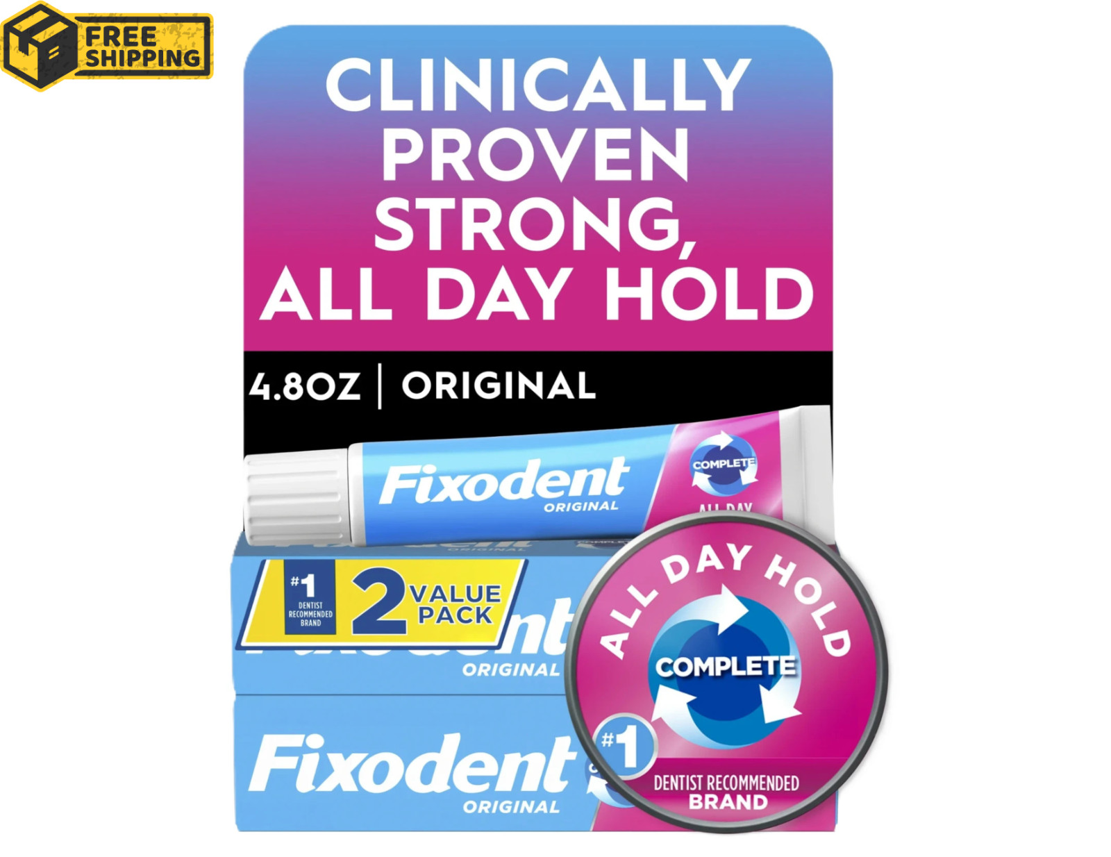 (Pack of 2) Fixodent Complete Original Denture Adhesive Cream 2.4 oz