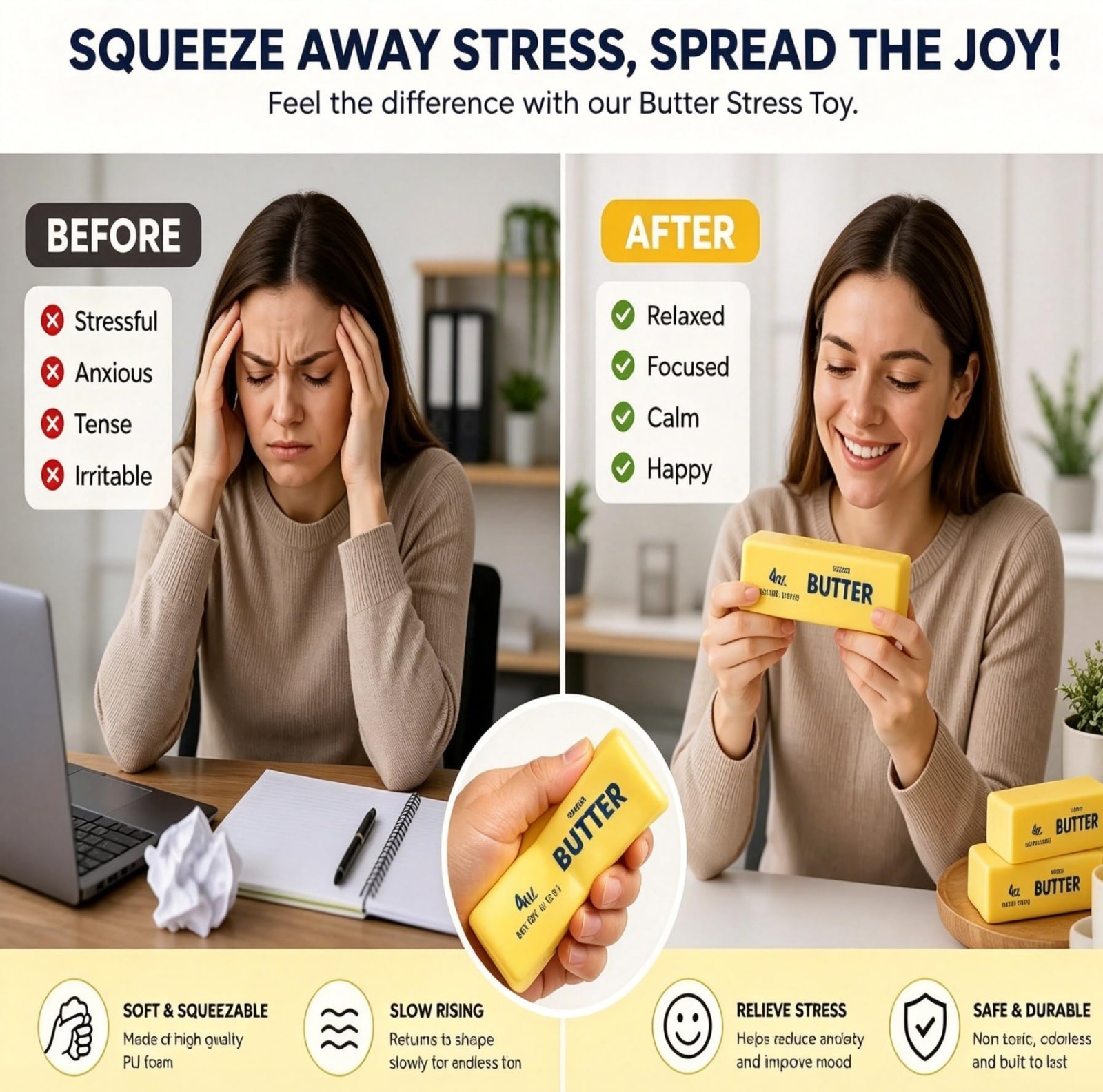 3PCS Soft Butter Squishy Stress Relief Toy, Realistic Fidget Squeeze for Anxiety