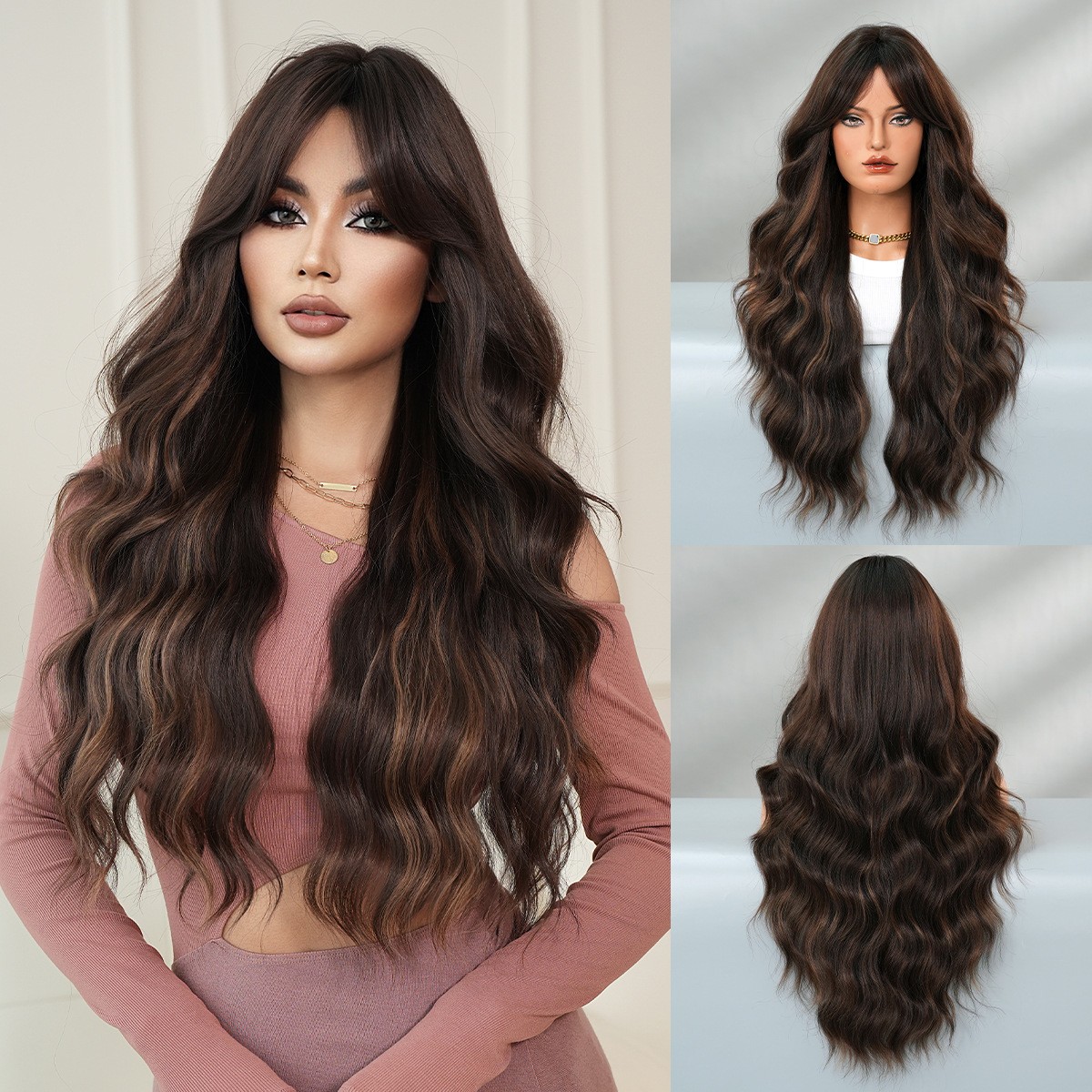 Brown with Golden Highlights Long Wavy Wig with Side Bangs High Quality