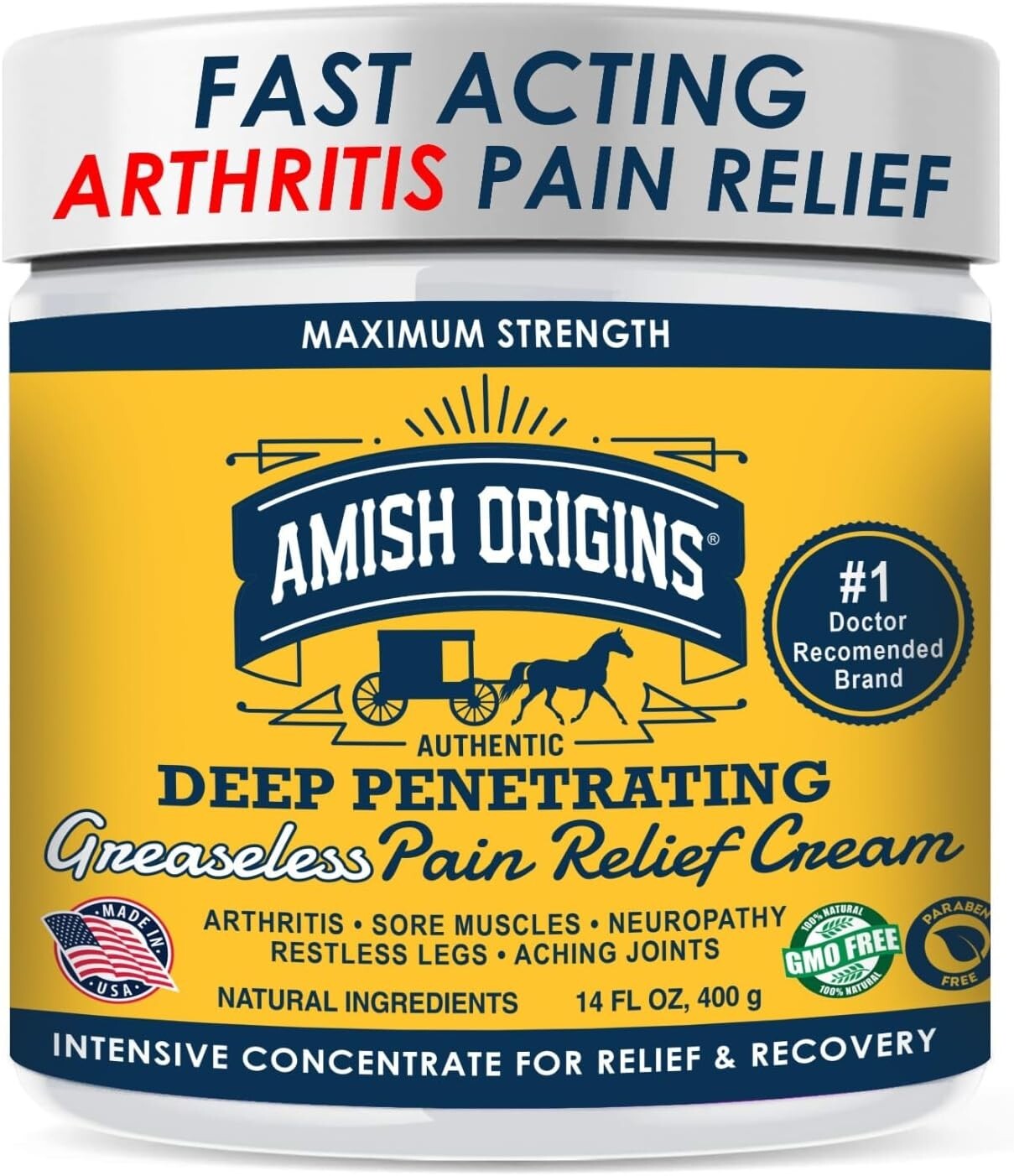 Amish Origins Deep Penetrating Pain Relief Cream Restless Legs Arthritis 14 oz