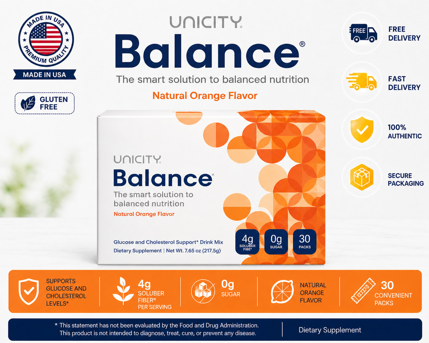 UNICITY Balance Cholesterol Support Drink Mix 30 Stick Pack (ORANGE) Exp 04/2028