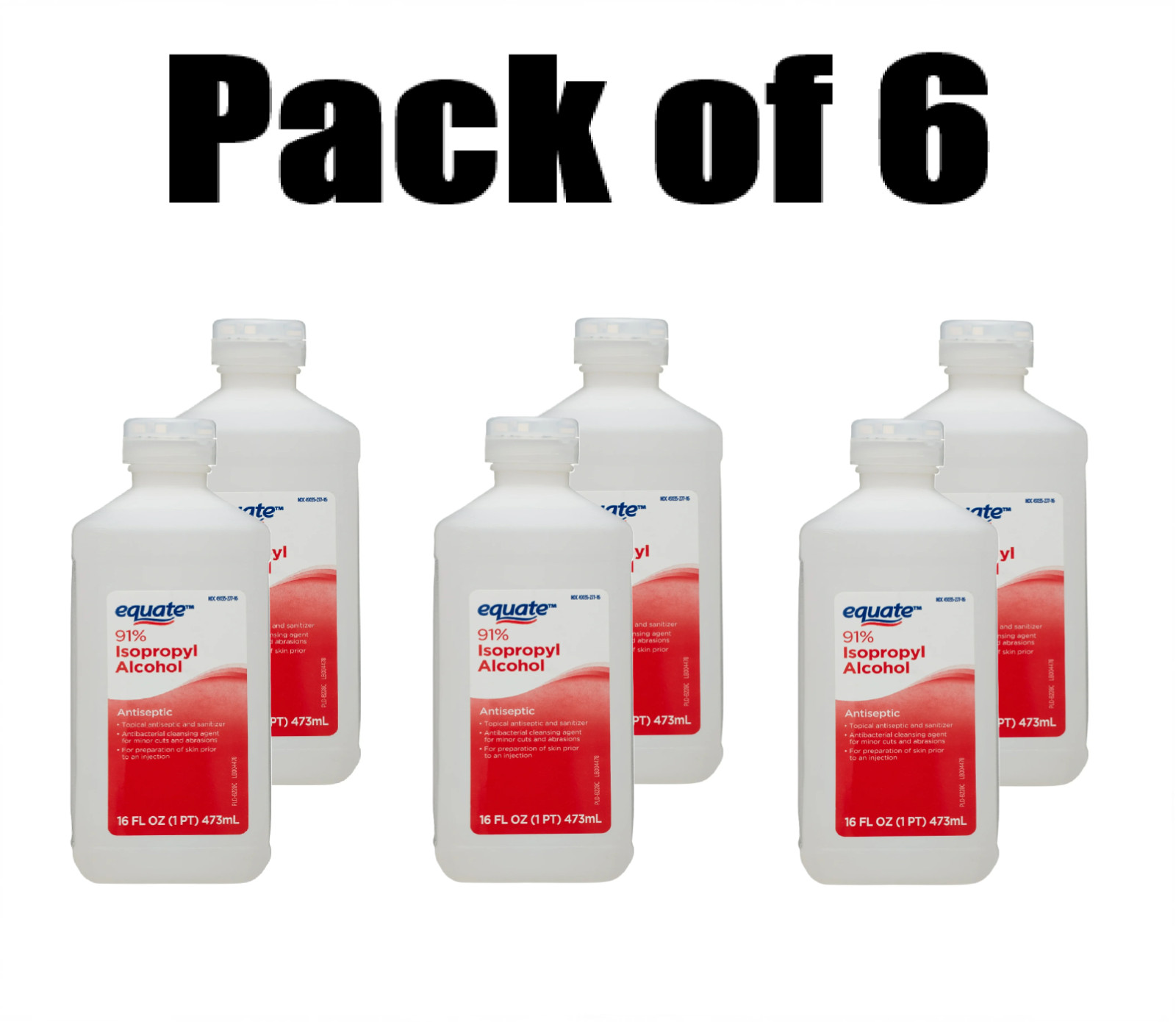 Equate 91% Isopropyl Alcohol Antiseptic Liquid, Resealable, 6 PACK, 6 x 16 fl oz