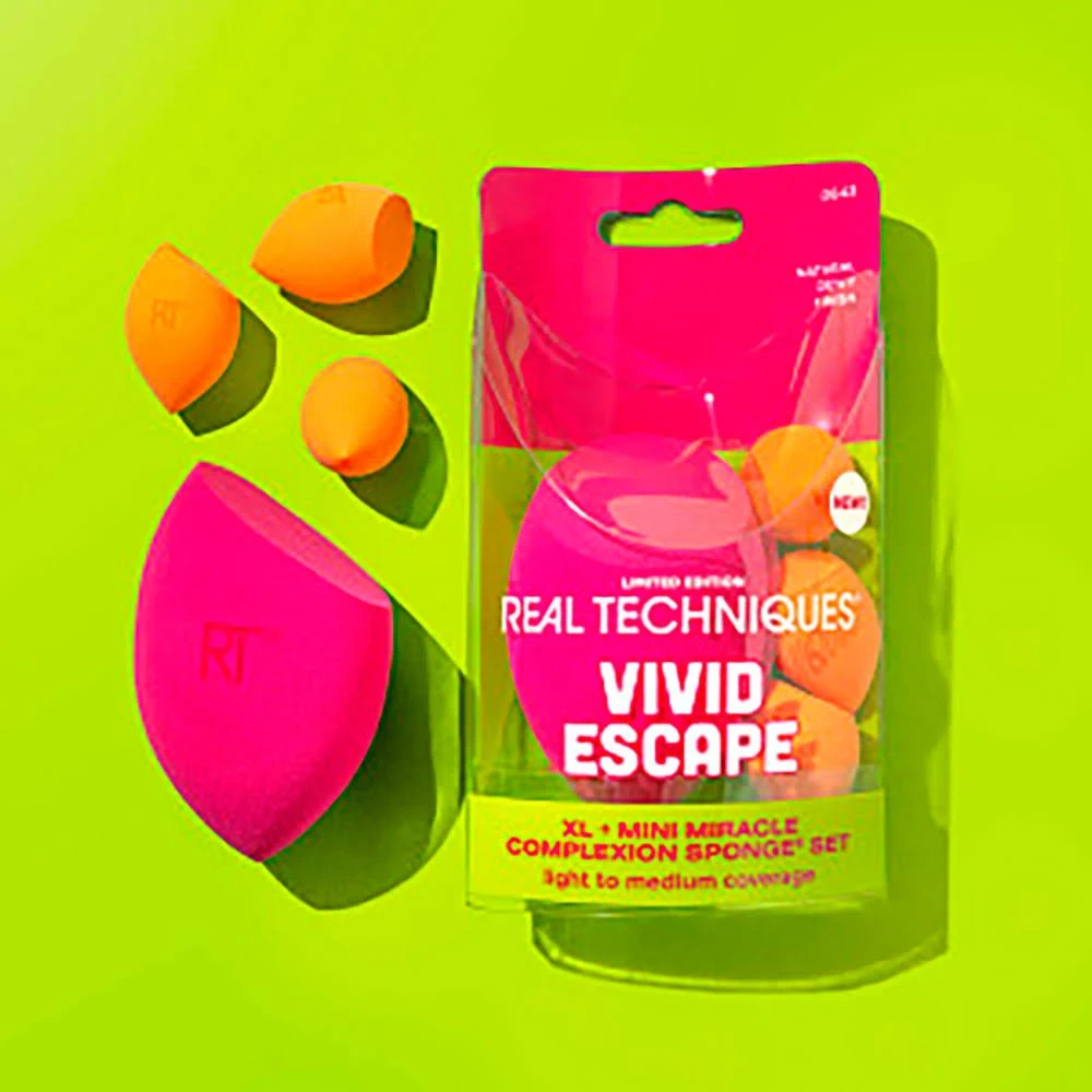 Real Techniques Vivid Escape Xl + Mini Miracle Complexion Sponge Set AUTHENTIC
