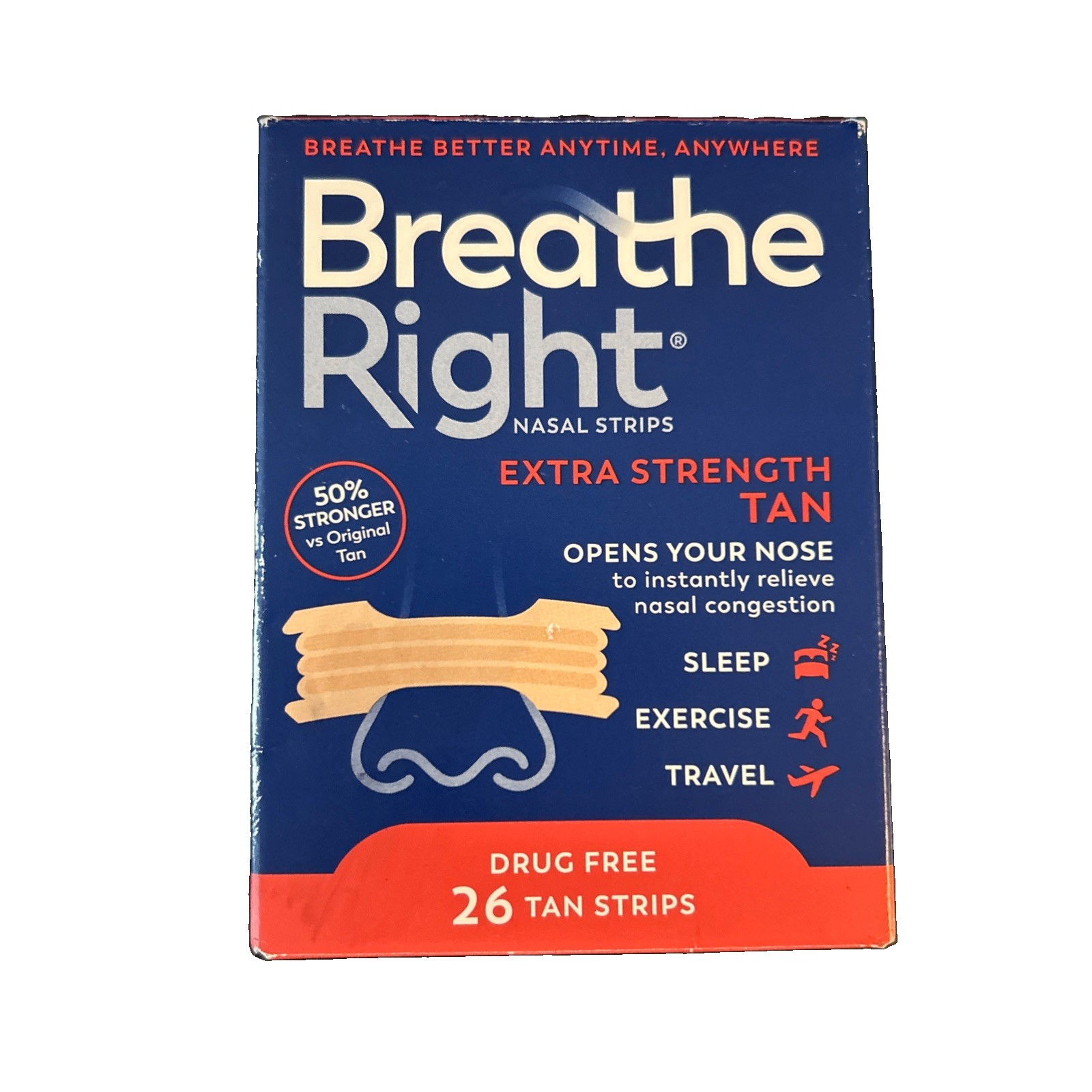 Breathe Right Extra Strength Tan Nasal Strips 26 Strips Exp 3/31/2030 New/Sealed