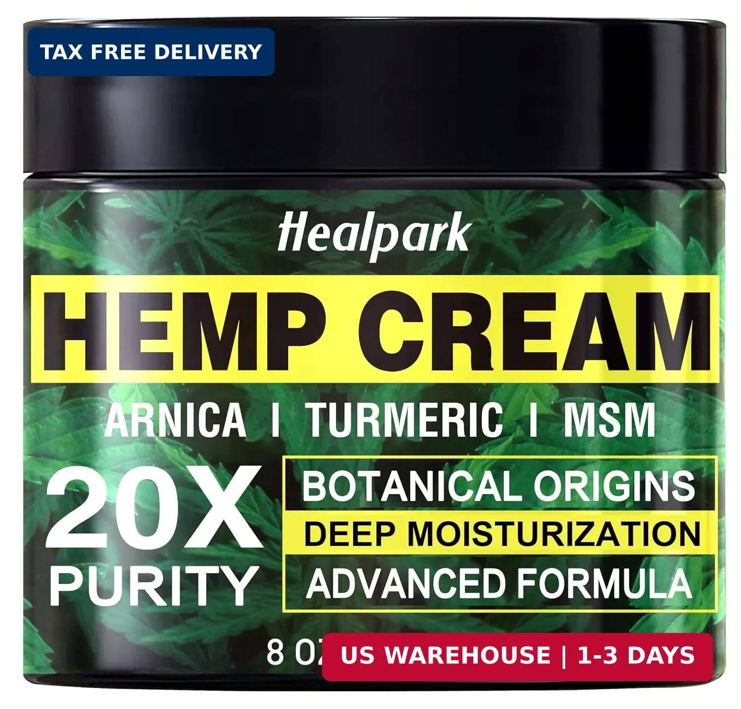 Healpark Hemp Cream 8 fl oz – Arnica,MSM, Turmeric, Emu Oil, Menthol, Aloe