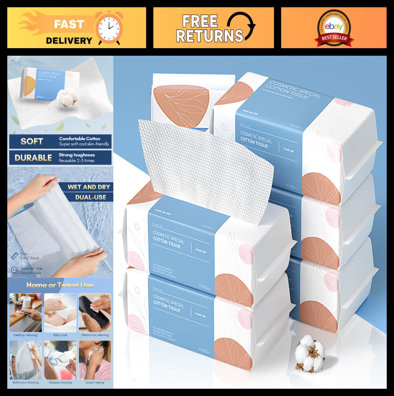 Soft Dry Wipe Facial Tissues 100% Cotton, Lint-Free, Extra Thick, 600 Count, Sen
