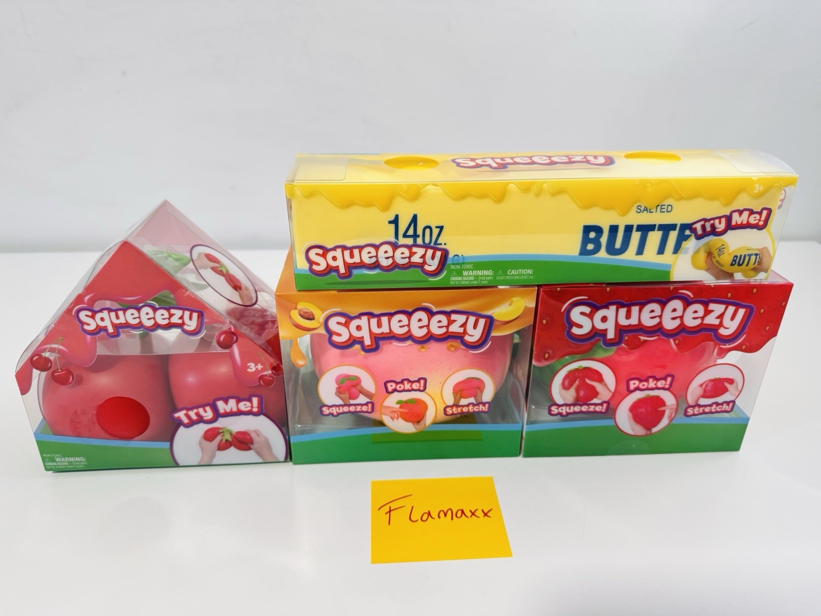Sunny Days Squeezy Squishy Toys 4 Pack LOT Strawberry Peach Cherries Butter NEW