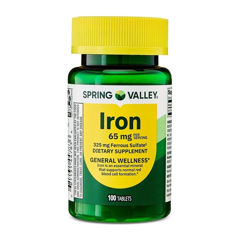 Spring Valley Iron 65 mg (Ferrous Sulfate) 100 Tablets Blood Formation