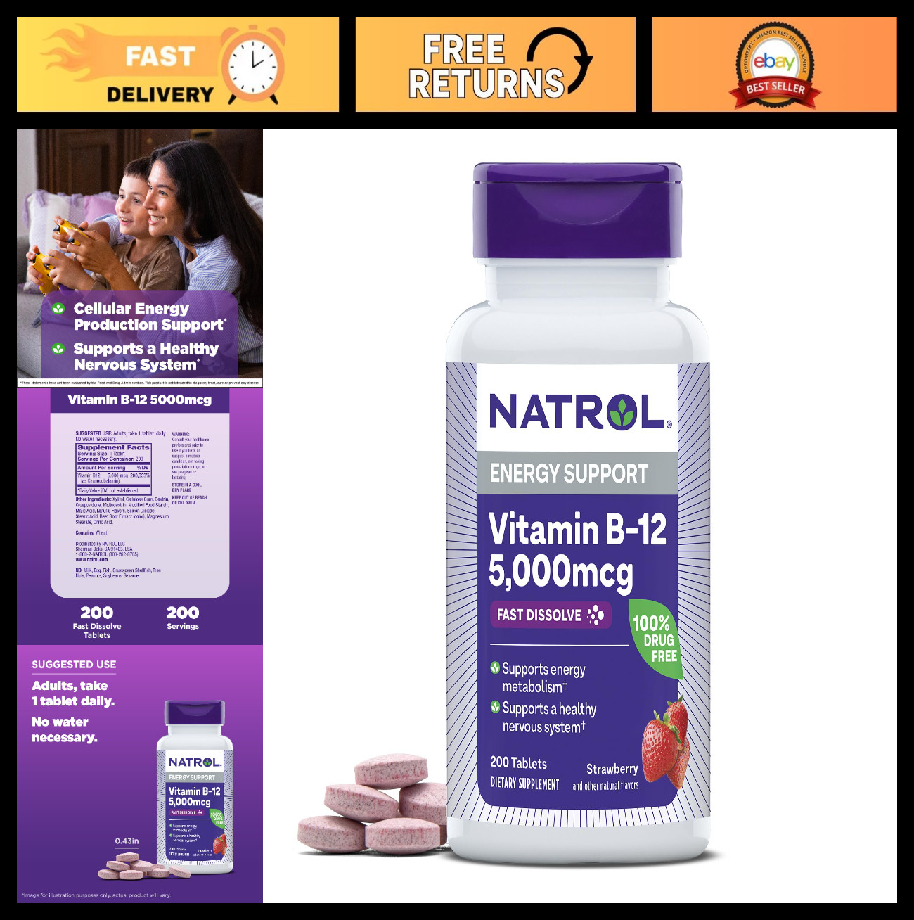 High-Potency B12 5000 mcg Fast Dissolve Tablets for Energy Metabolism – 200 Coun