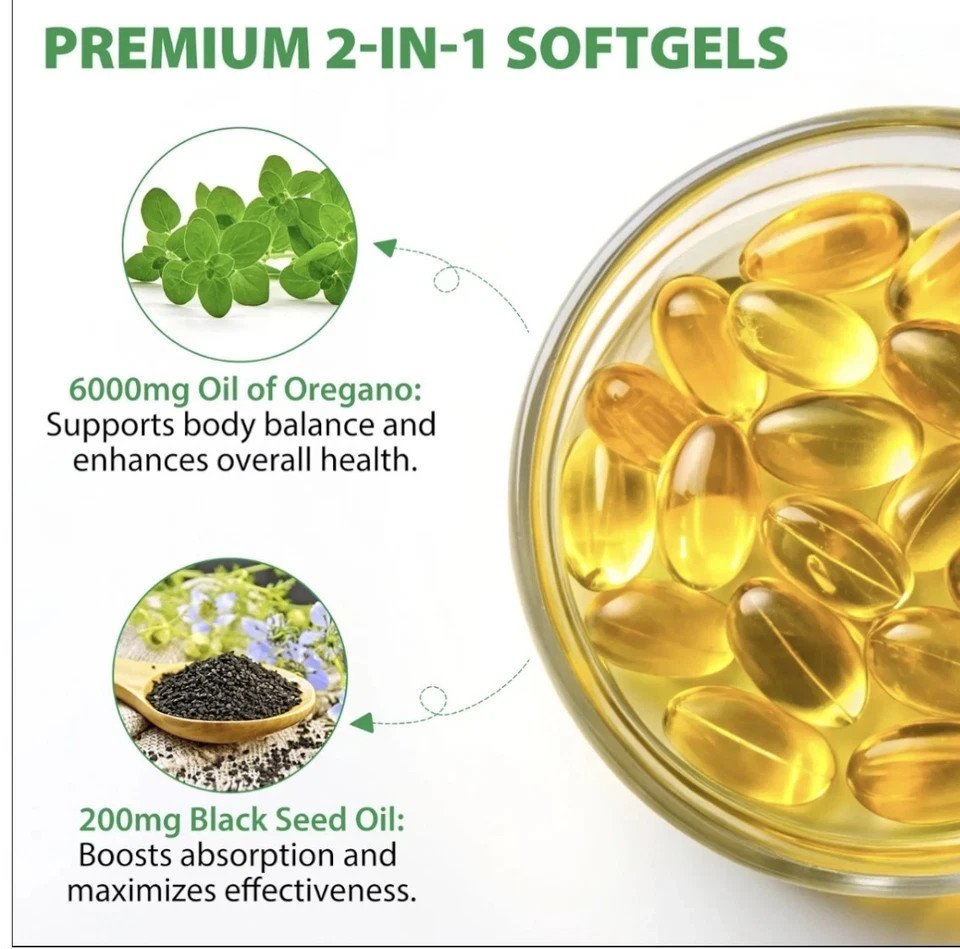 2 PACK Oil of Oregano Capsules 300 Softgels 6000mg Black Seed Oil High Strength