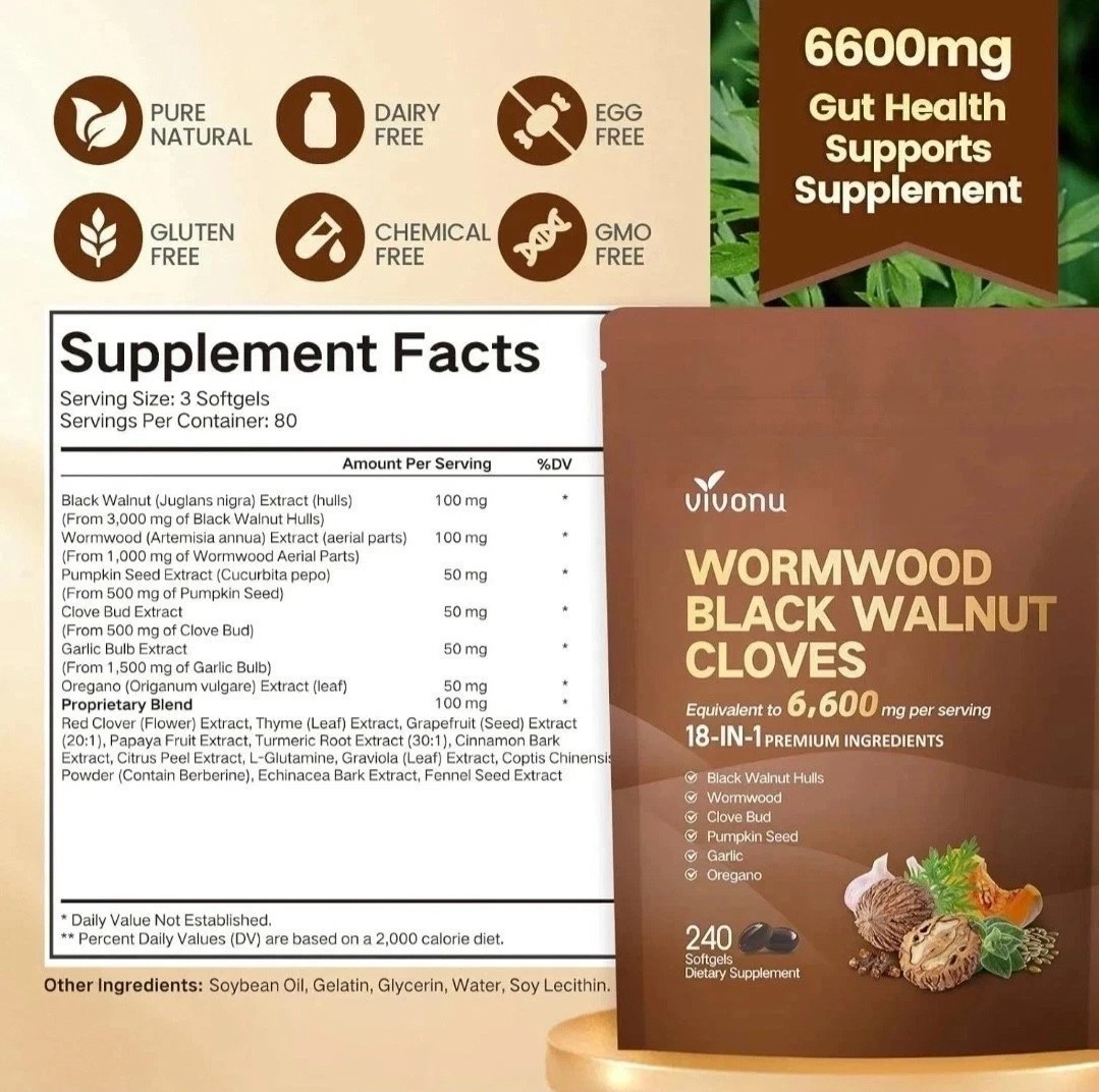 Wormwood Black Walnut Clove Softgels 240 Count 18-in-1 Herbal Blend 6600mg