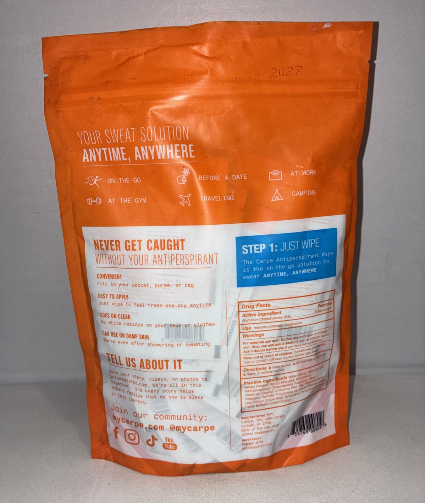 Carpe On The Go Antiperspirant Underarm Wipes 15 (7″x9″)Individual Packages