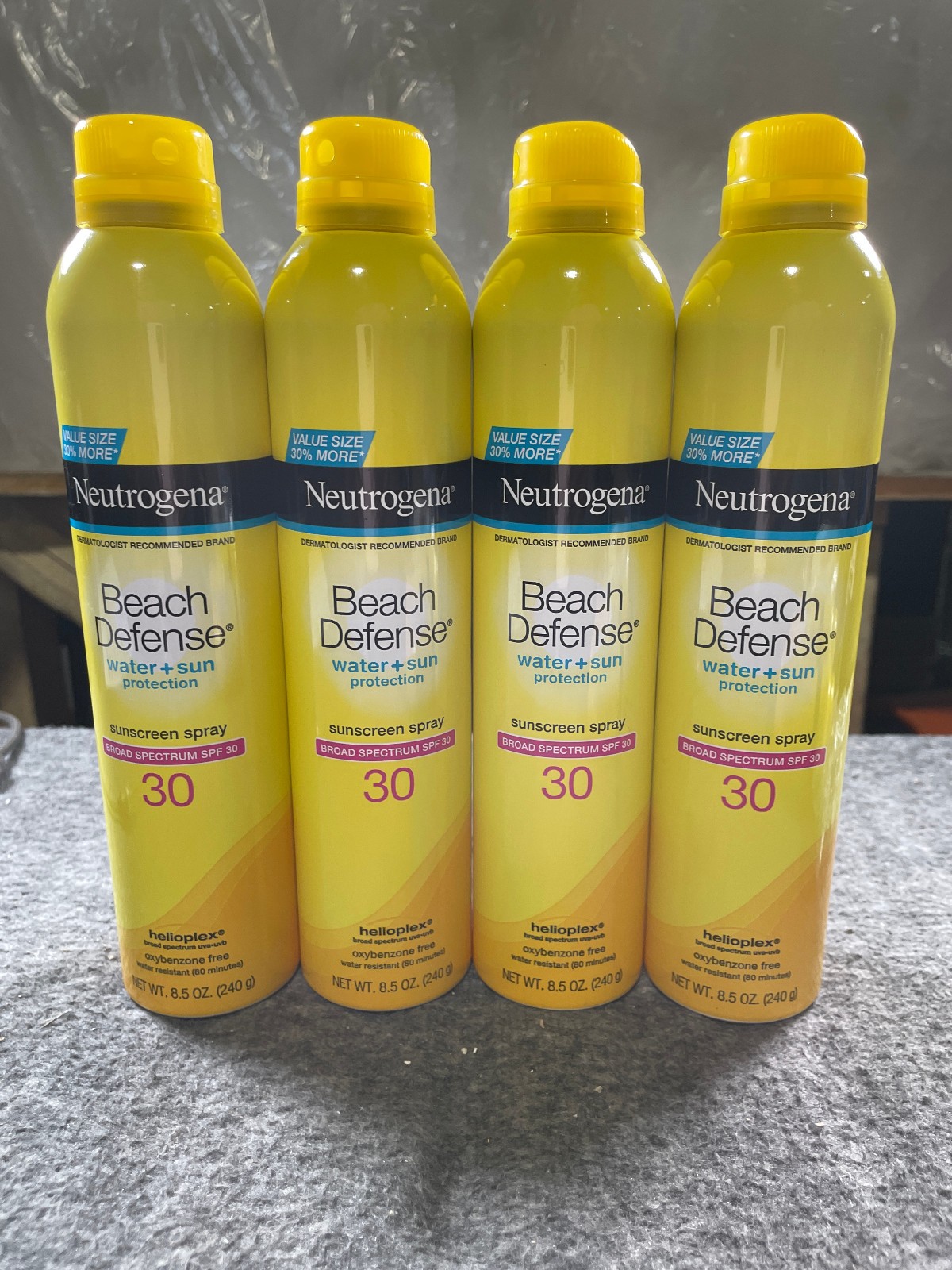 4 PACK Neutrogena Beach Defense Sunscreen Spray Lotion SPF 30 – 8.5 Oz Exp 9/27