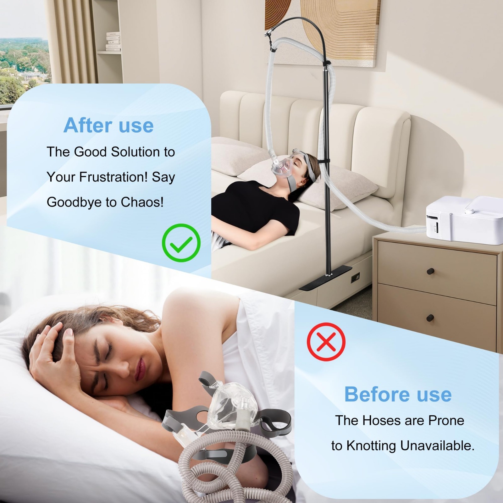 Adjustable CPAP Hose Holder for Bed – Prevent Tube Tangle & Blockage, Sleep Bett