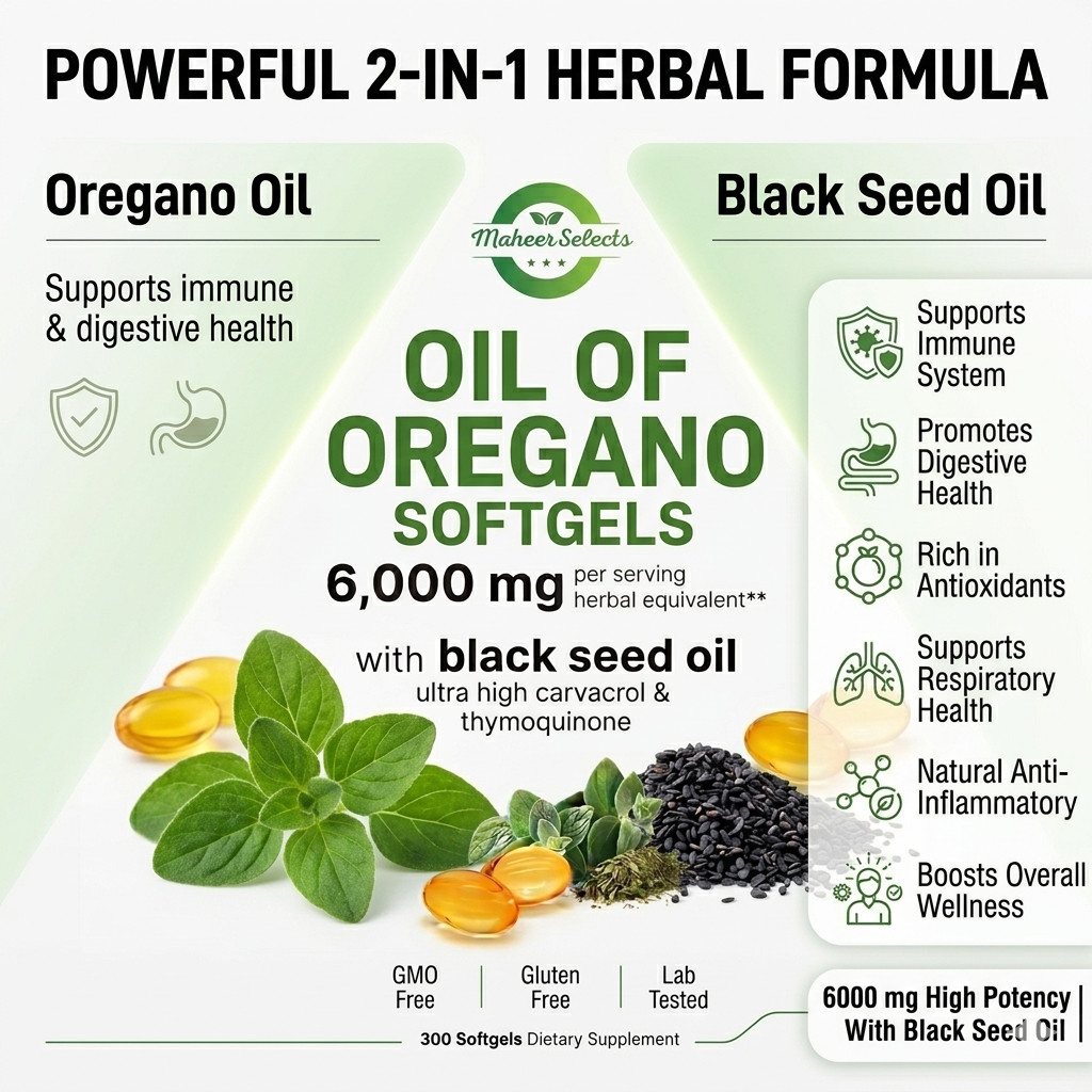 Oil of Oregano with Black Seed 6000mg – 300 Softgels – Immune & Digestive Suppor