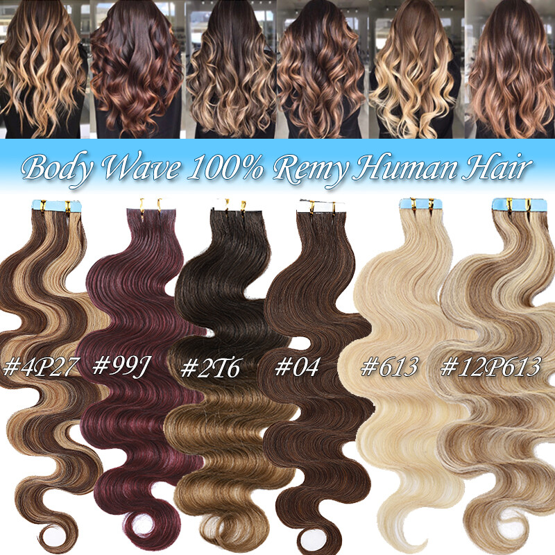 Invisible Tape In Skin Weft Real Remy Human Hair Extensions Wavy Thick Glue 150G
