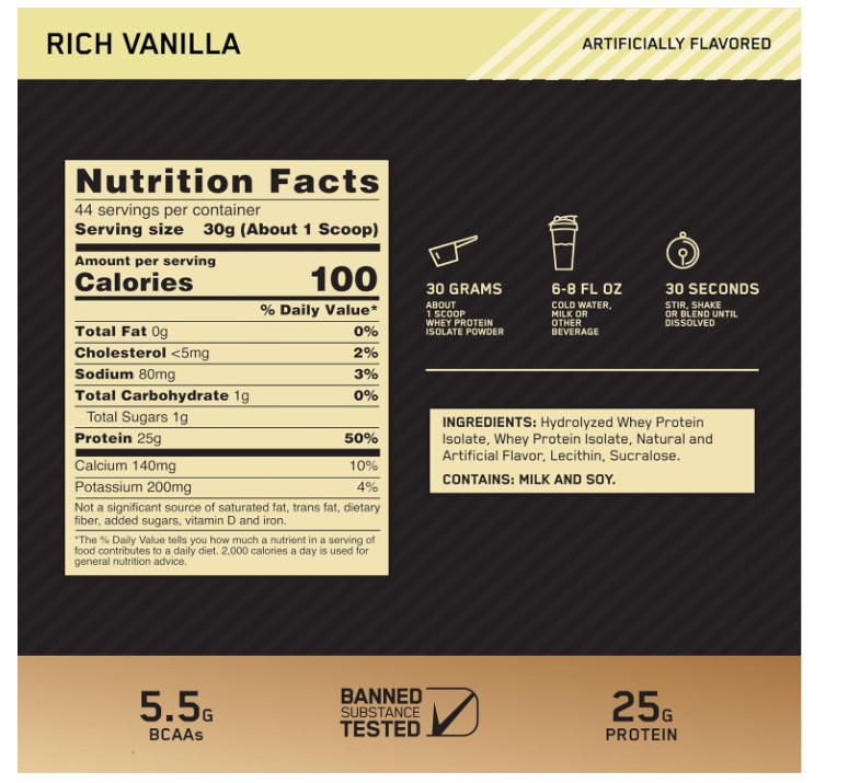Optimum Nutrition Gold Standard Isolate Rich Vanilla 2.91lb 44 Servings Whey Pro