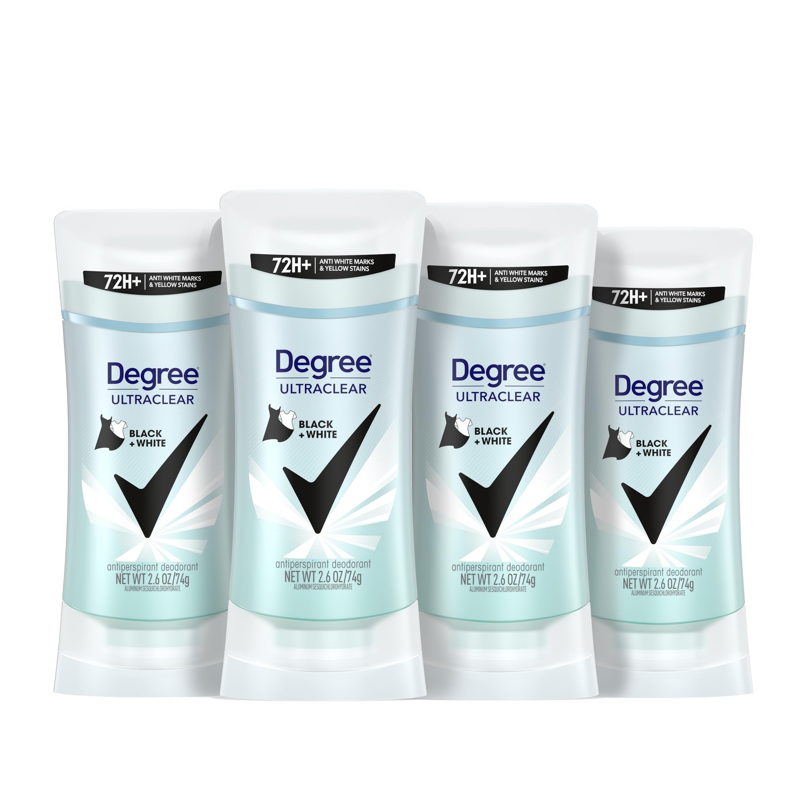 Degree Women’s Black+White 4Pack Antiperspirant 48H Fresh Scent, No Stains.