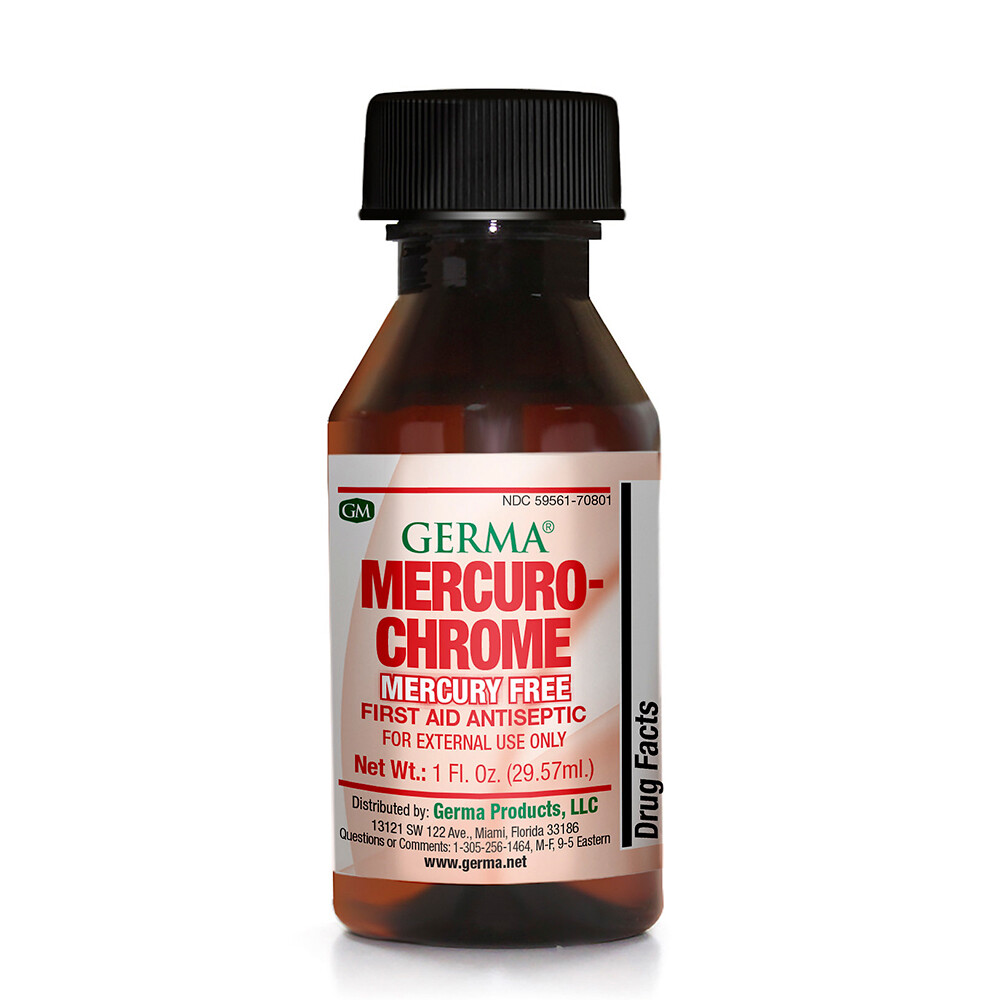 Germa MercuroChrome. First Aid Antiseptic. For Minor Wounds. External Use. 1 Oz