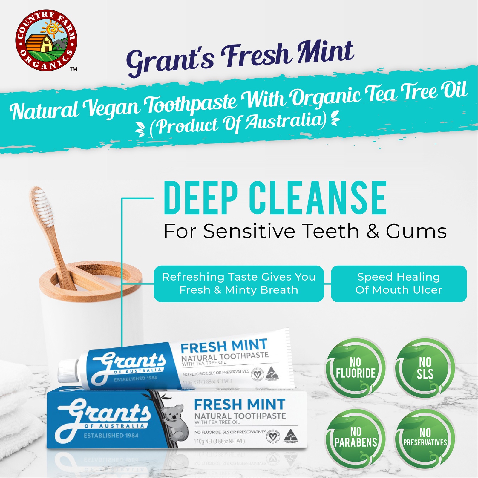 3x Grants Australia Natural Toothpaste Fresh Mint With Tea Tree Oil 110g [Vegan]