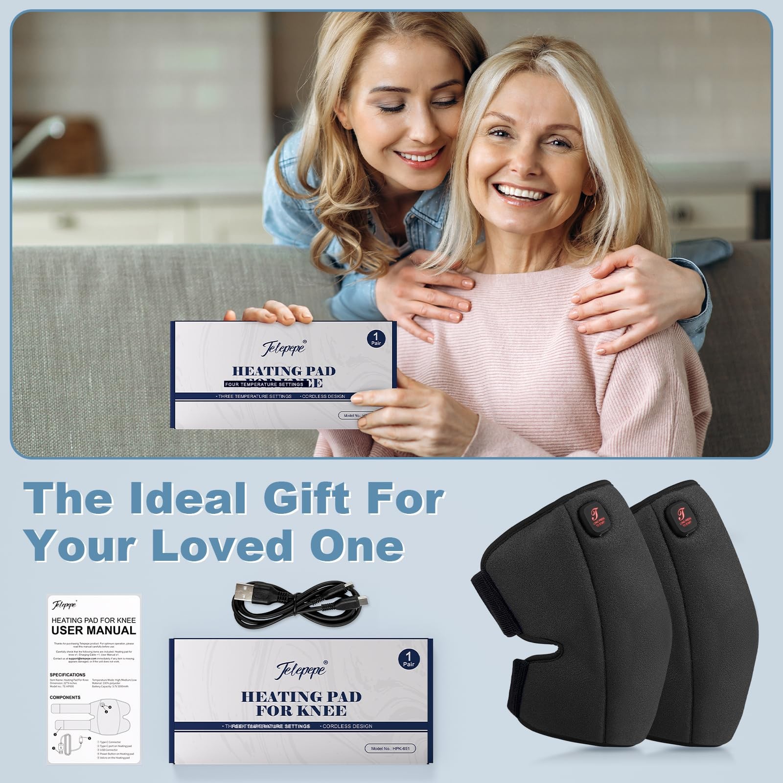 Cordless Heated Knee Brace, 3 Heat Settings, Dual 3000mAh Battery, Black Pair