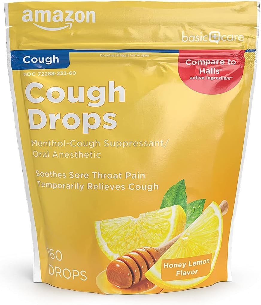 Honey Lemon Menthol Cough Drops For Sore Throat, Soothing Relief, 160 Count